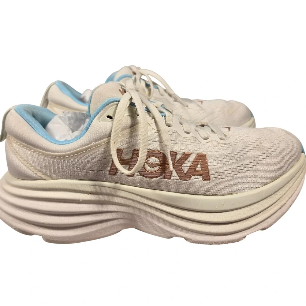 Hoka Bondi 8 Womens Road Running Shoes White Blue Rose Gold 7.5B 1127896